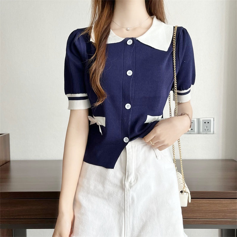 Stella Fashion Women Summer New Style Knit Cardigan Lapel Polo Collar Short Sleeve Sweater