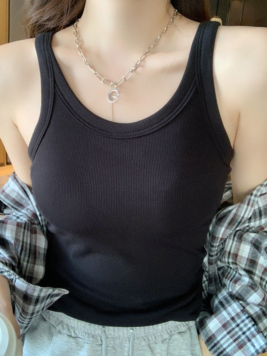 Stella Fashion New Threaded Camisole Women's Chest Pad Integrated Anti-running Light Inner Wear Summer Outer Wear Solid Color Base Top