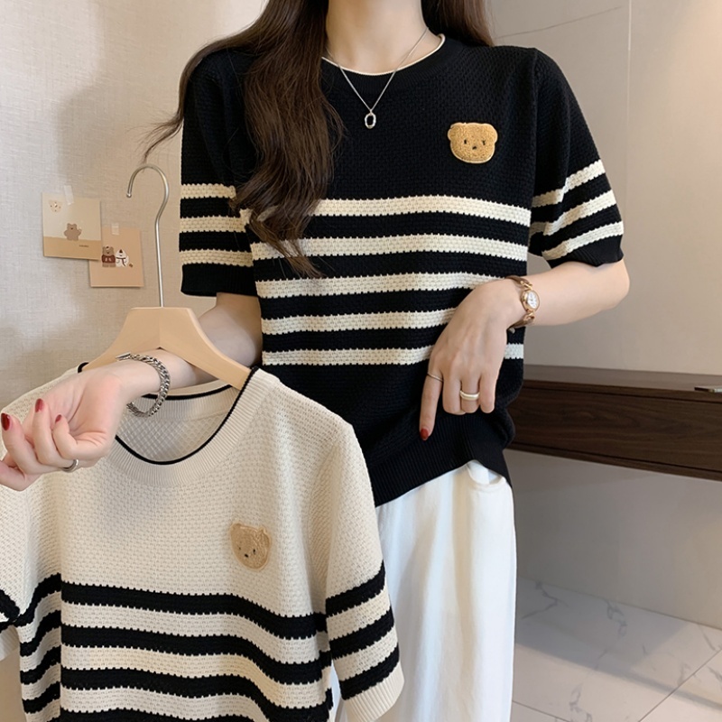 Sella Fashion  Women's Short Sleeve Round Neck Summer Top | Casual Korean Fashion | Cute Bear Patch Striped Knit Tee
