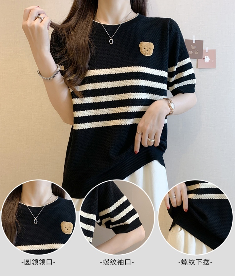 Sella Fashion  Women's Short Sleeve Round Neck Summer Top | Casual Korean Fashion | Cute Bear Patch Striped Knit Tee