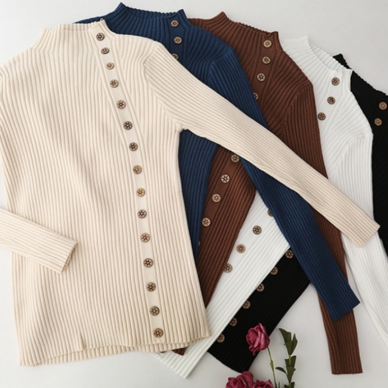 Stella Fashion New Style Half-Turtleneck Pullover Long-Sleeved Slim-Fit Sweater Women's Button-Down All-Match Sweater Bottoming Shirt Top-Stella's Fashion