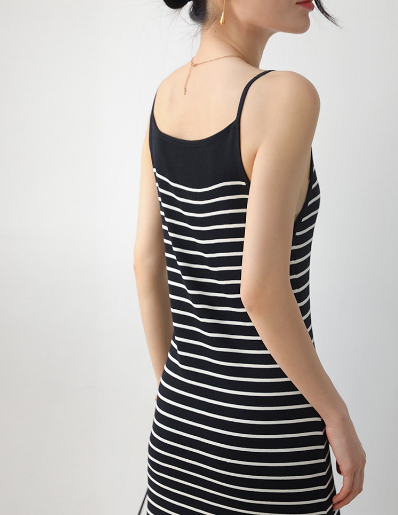  Stella Fashion Korean Style Striped Knitted Maxi Dress Women Sleeveless Slim Fit Bodycon Dress