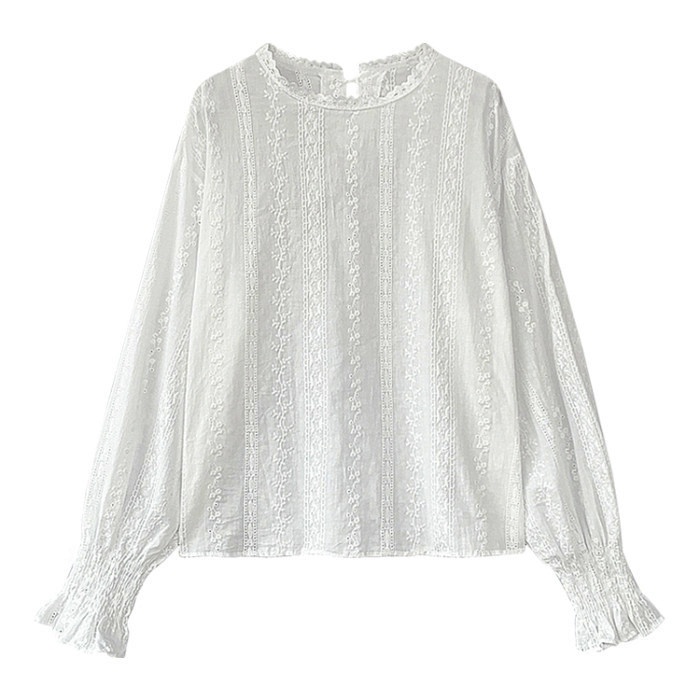 Stella Fashion Korean Style Women Ladies Loose Lace Cotton Round Neck Puff Long Sleeve Shirt Blouse