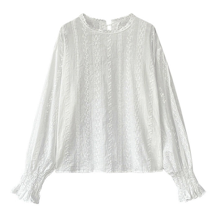 Stella Fashion Korean Style Women Ladies Loose Lace Cotton Round Neck Puff Long Sleeve Shirt Blouse-Stella's Fashion