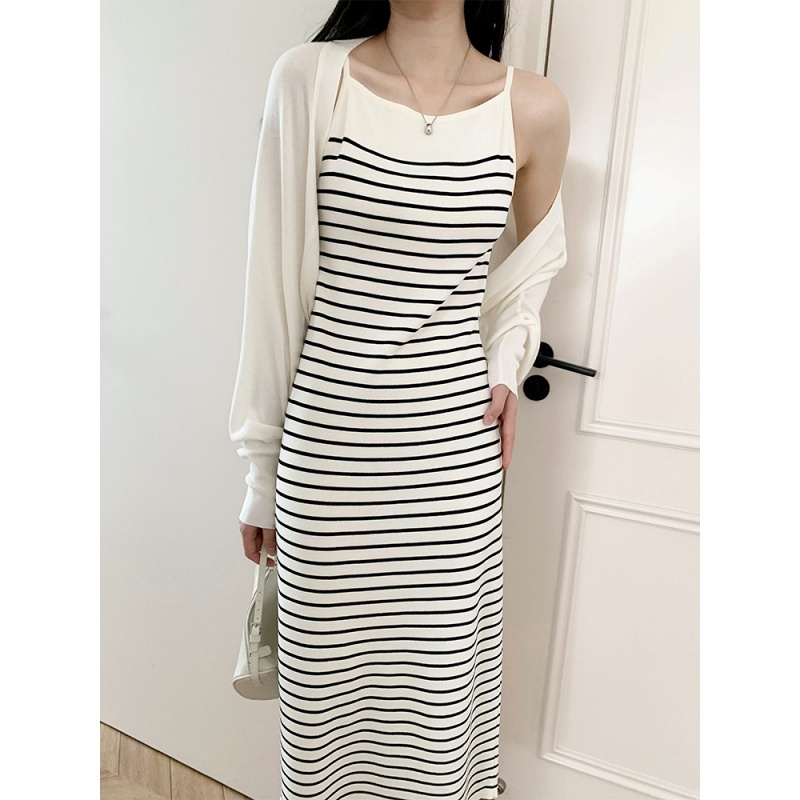 Stella Fashion Korean Style Striped Knitted Maxi Dress Women Sleeveless Slim Fit Bodycon Dress