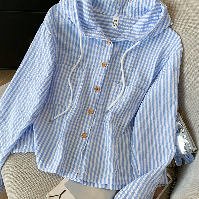 Stella Fashion Korean All-Match Single -Breasted Striped Contrast Color Short Loose Long -Sleeved Sunscreen Hooded Shirt-Stella's Fashion