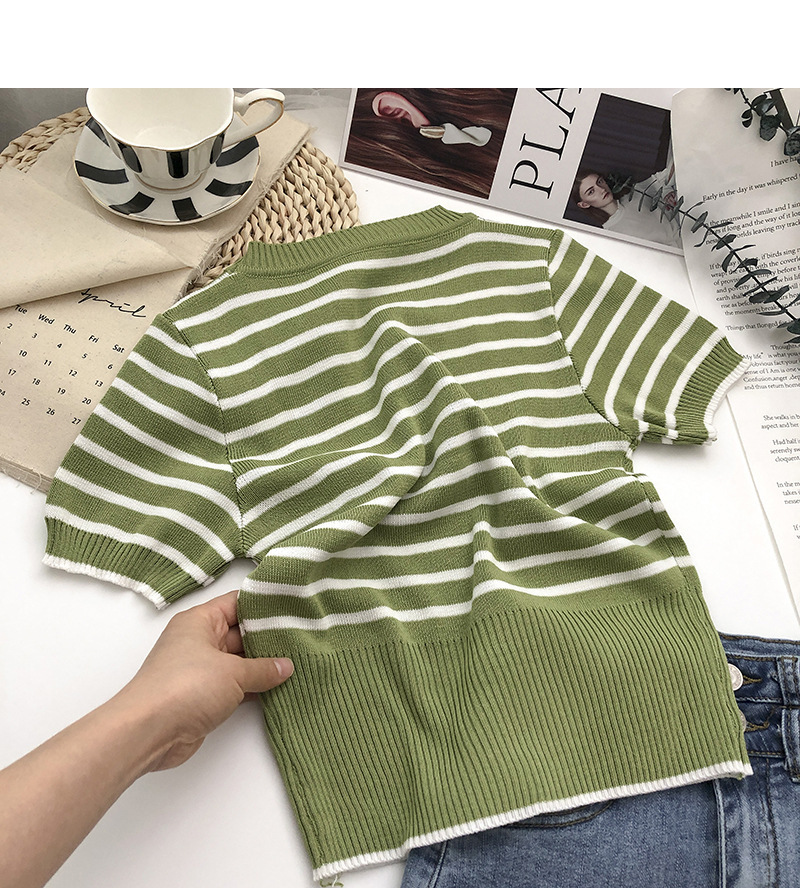 Stella Fashion Korean Style Striped Knit Top Women Short Sleeve Slim Fit Round Neck T-Shirt Pullover