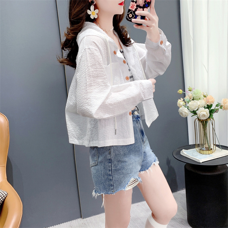 Stella Fashion Korean All-Match Single -Breasted Striped Contrast Color Short Loose Long -Sleeved Sunscreen Hooded Shirt-Stella's Fashion
