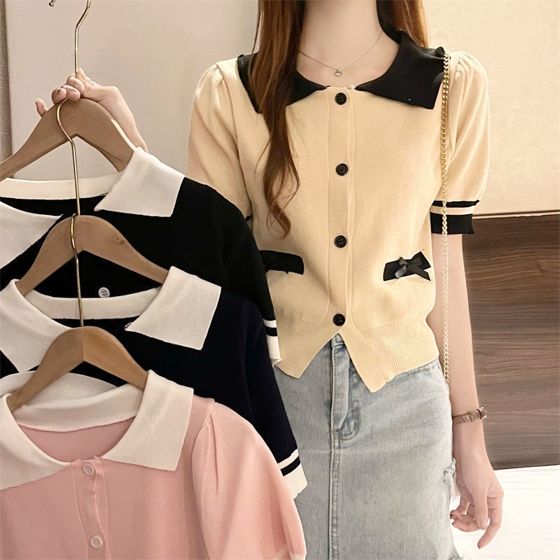 Stella Fashion Women Summer New Style Knit Cardigan Lapel Polo Collar Short Sleeve Sweater