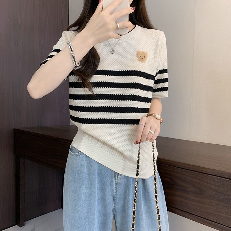 Sella Fashion  Women's Short Sleeve Round Neck Summer Top | Casual Korean Fashion | Cute Bear Patch Striped Knit Tee