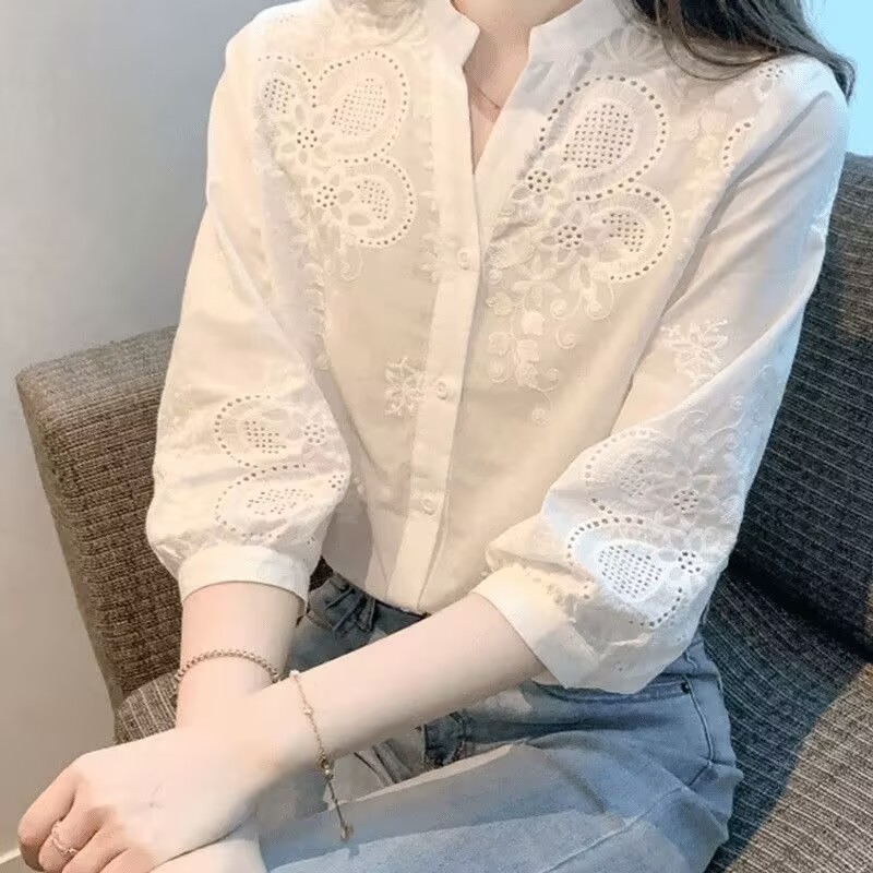 Stella Fashion Korean Style Embroidered White Blouse | Slimming Fit | Chic V-Neck Top | Soft Girl Aesthetic 