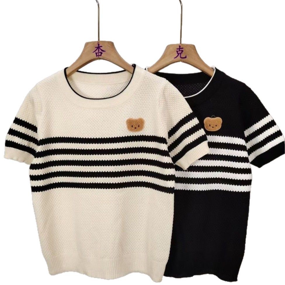 Sella Fashion  Women's Short Sleeve Round Neck Summer Top | Casual Korean Fashion | Cute Bear Patch Striped Knit Tee