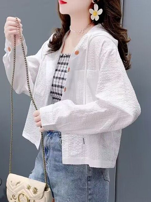 Stella Fashion Korean All-Match Single -Breasted Striped Contrast Color Short Loose Long -Sleeved Sunscreen Hooded Shirt-Stella's Fashion
