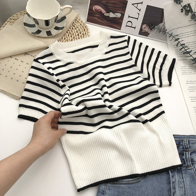 Stella Fashion Korean Style Striped Knit Top Women Short Sleeve Slim Fit Round Neck T-Shirt Pullover