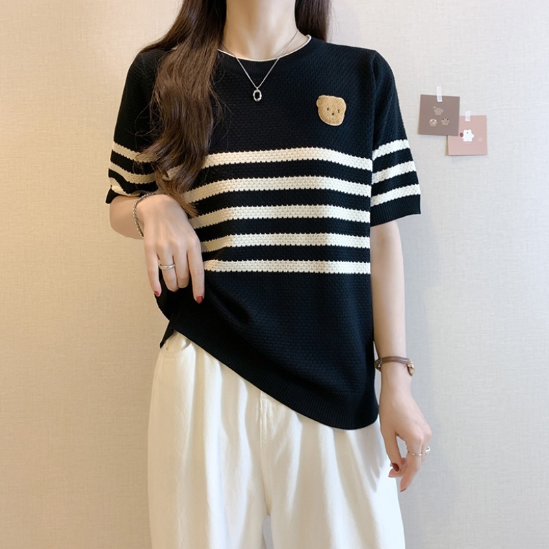 Sella Fashion  Women's Short Sleeve Round Neck Summer Top | Casual Korean Fashion | Cute Bear Patch Striped Knit Tee