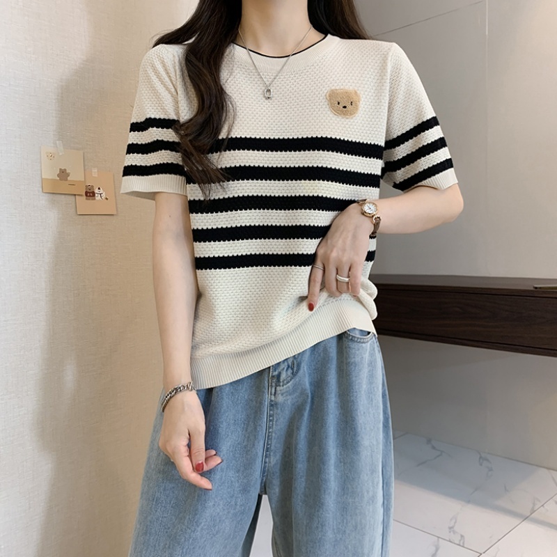 Sella Fashion  Women's Short Sleeve Round Neck Summer Top | Casual Korean Fashion | Cute Bear Patch Striped Knit Tee