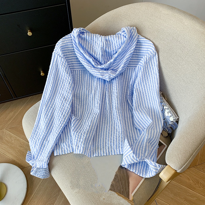 Stella Fashion Korean All-Match Single -Breasted Striped Contrast Color Short Loose Long -Sleeved Sunscreen Hooded Shirt-Stella's Fashion