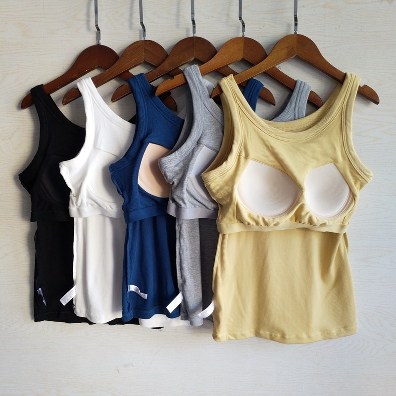 Stella Fashion New Threaded Camisole Women's Chest Pad Integrated Anti-running Light Inner Wear Summer Outer Wear Solid Color Base Top