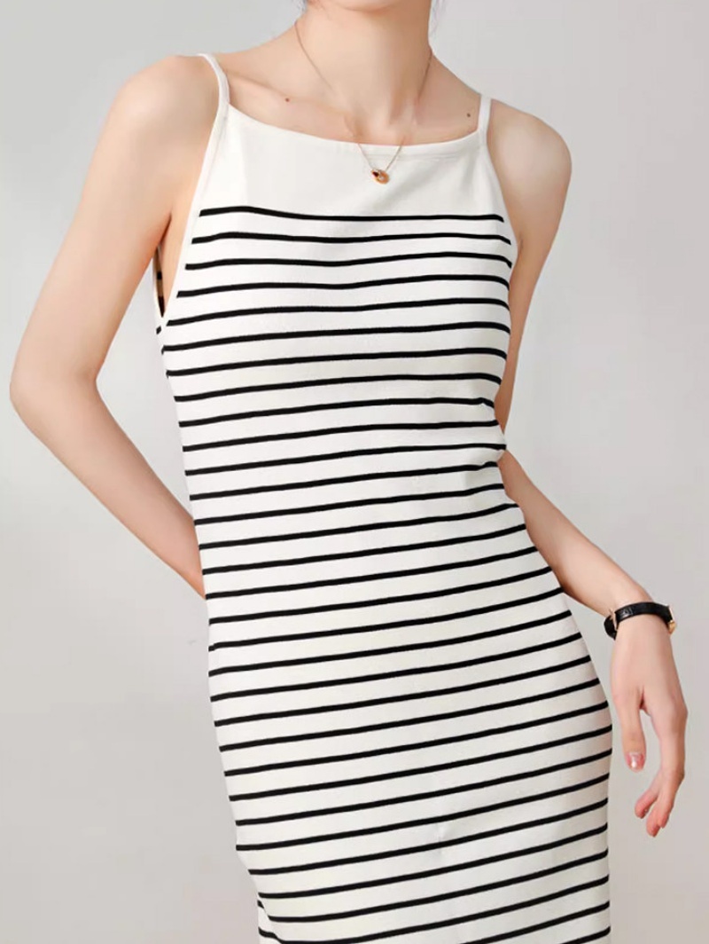  Stella Fashion Korean Style Striped Knitted Maxi Dress Women Sleeveless Slim Fit Bodycon Dress