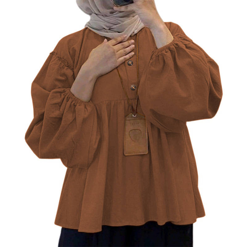 Stella Fashion Muslim Blouse Women Ice Silk Long Sleeve Loose Fit Modest Top Casual Elegant Wear