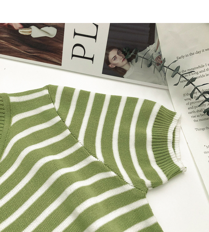 Stella Fashion Korean Style Striped Knit Top Women Short Sleeve Slim Fit Round Neck T-Shirt Pullover