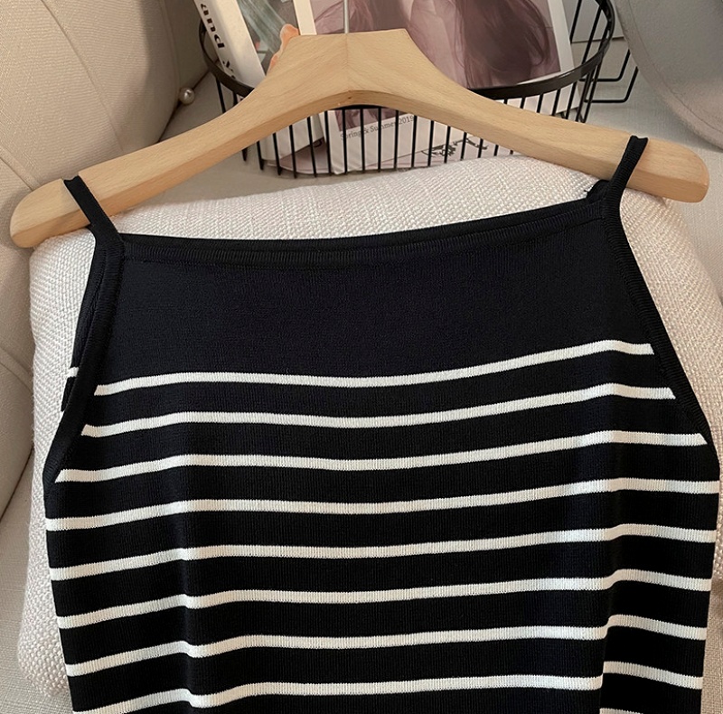  Stella Fashion Korean Style Striped Knitted Maxi Dress Women Sleeveless Slim Fit Bodycon Dress