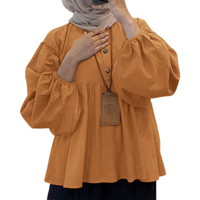 Stella Fashion Muslim Blouse Women Ice Silk Long Sleeve Loose Fit Modest Top Casual Elegant Wear