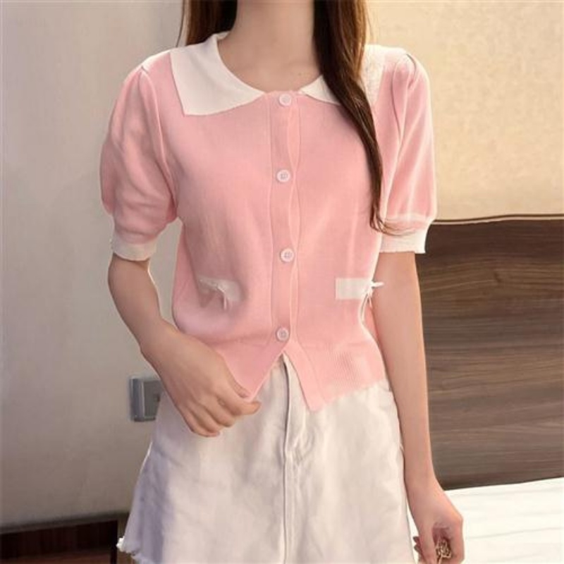 Stella Fashion Women Summer New Style Knit Cardigan Lapel Polo Collar Short Sleeve Sweater