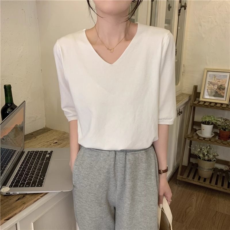 Stella Fashion Women’s V-Neck Knit Top – Slim Fit Short Sleeve Tee | Elegant & Easy Match for Work or Casual