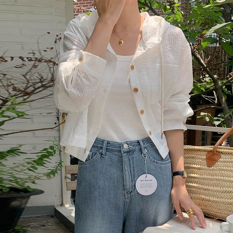 Stella Fashion Korean All-Match Single -Breasted Striped Contrast Color Short Loose Long -Sleeved Sunscreen Hooded Shirt-Stella's Fashion