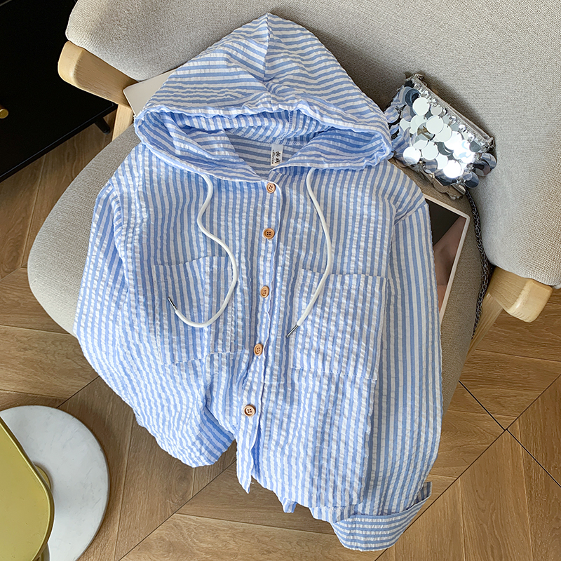 Stella Fashion Korean All-Match Single -Breasted Striped Contrast Color Short Loose Long -Sleeved Sunscreen Hooded Shirt-Stella's Fashion