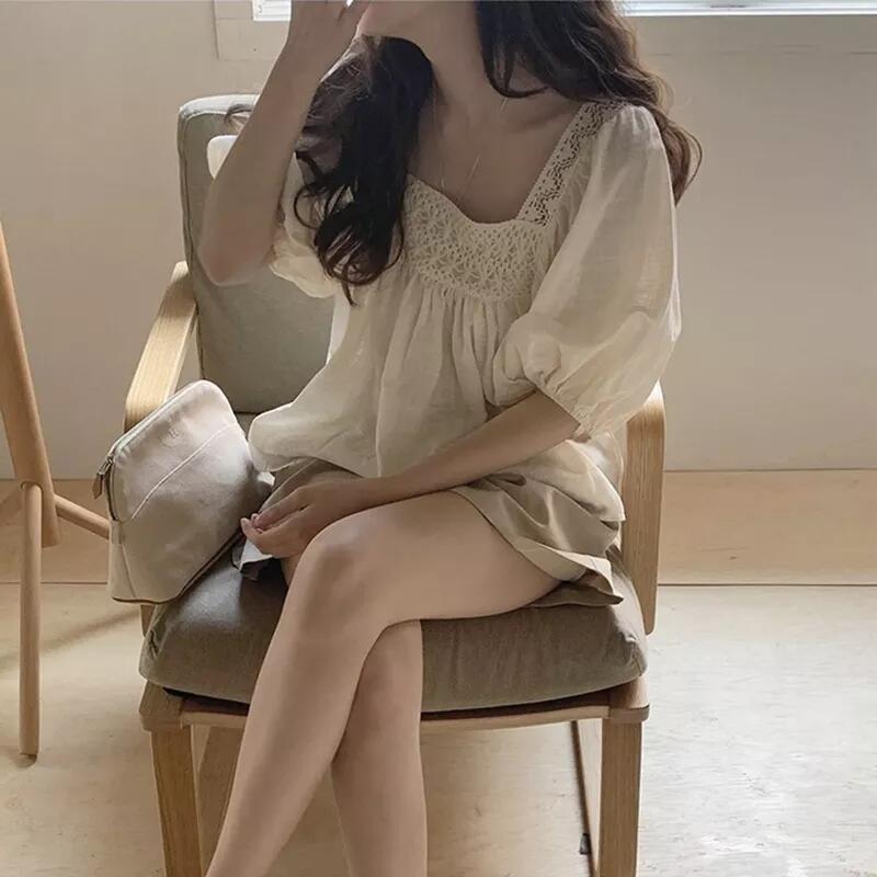 Korean Style Puff Sleeve Blouse For Women l Square Neck, Lace Trim, Loose Fit for Daily & Office Wear