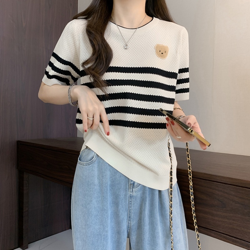 Sella Fashion  Women's Short Sleeve Round Neck Summer Top | Casual Korean Fashion | Cute Bear Patch Striped Knit Tee