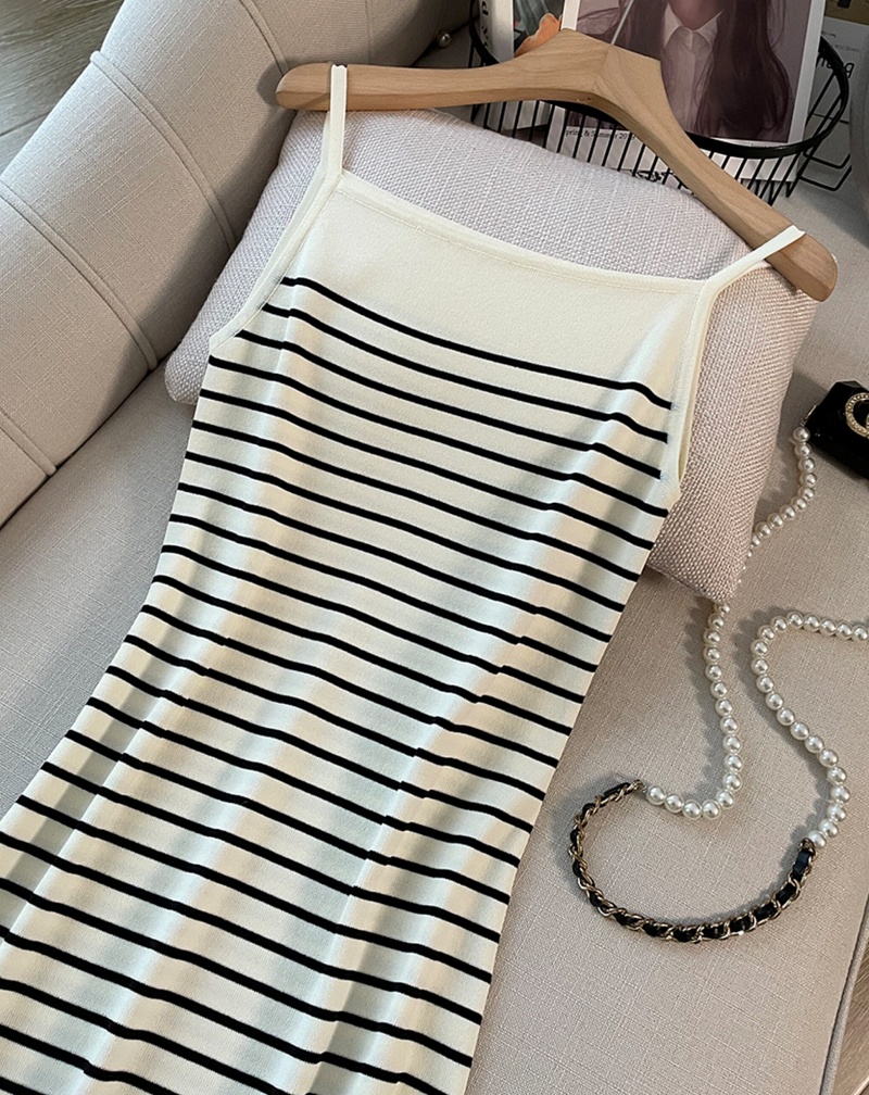  Stella Fashion Korean Style Striped Knitted Maxi Dress Women Sleeveless Slim Fit Bodycon Dress