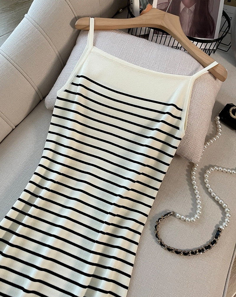  Stella Fashion Korean Style Striped Knitted Maxi Dress Women Sleeveless Slim Fit Bodycon Dress