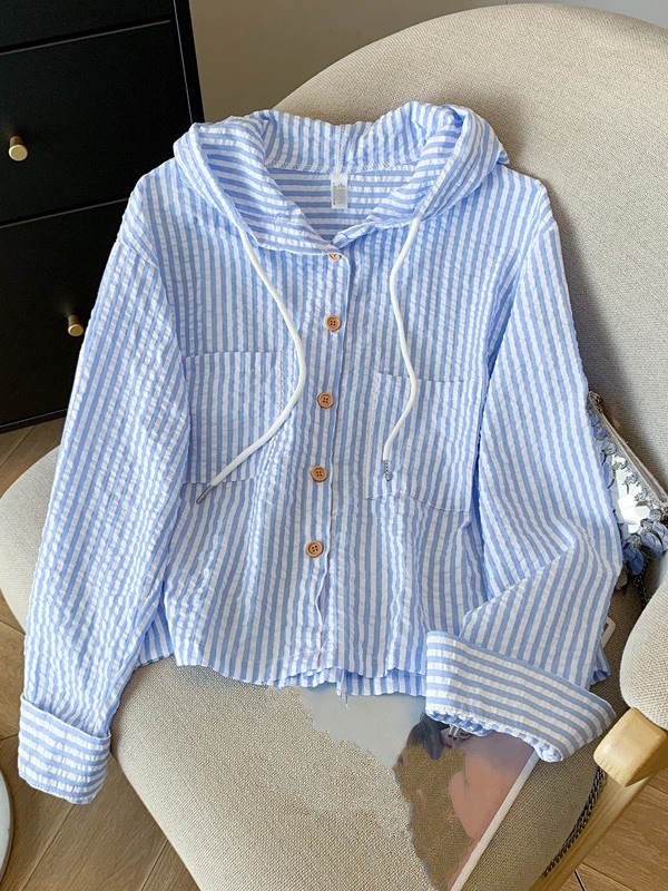 Stella Fashion Korean All-Match Single -Breasted Striped Contrast Color Short Loose Long -Sleeved Sunscreen Hooded Shirt-Stella's Fashion