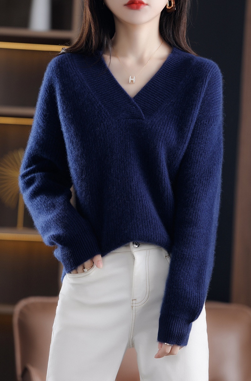 Stella Fashion Korean Style V Neck Knit Sweater Women Loose Fit Long Sleeve Warm Knitted Pullover Casual Winter Top