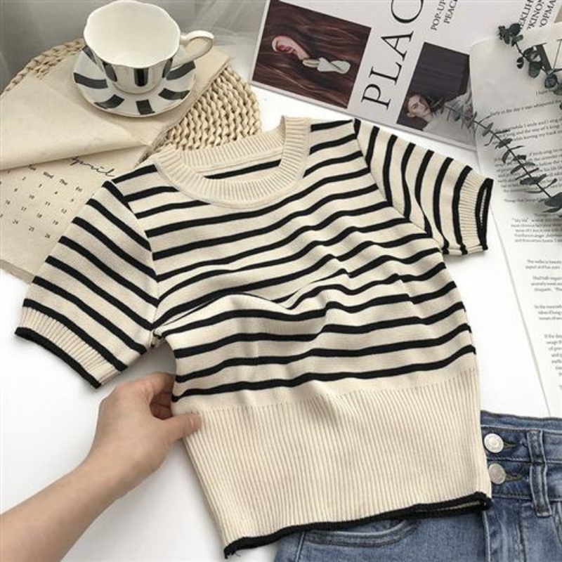 Stella Fashion Korean Style Striped Knit Top Women Short Sleeve Slim F