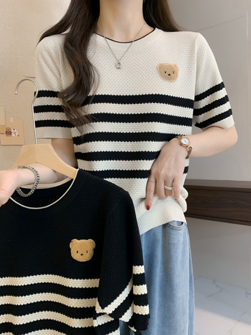 Sella Fashion  Women's Short Sleeve Round Neck Summer Top | Casual Korean Fashion | Cute Bear Patch Striped Knit Tee
