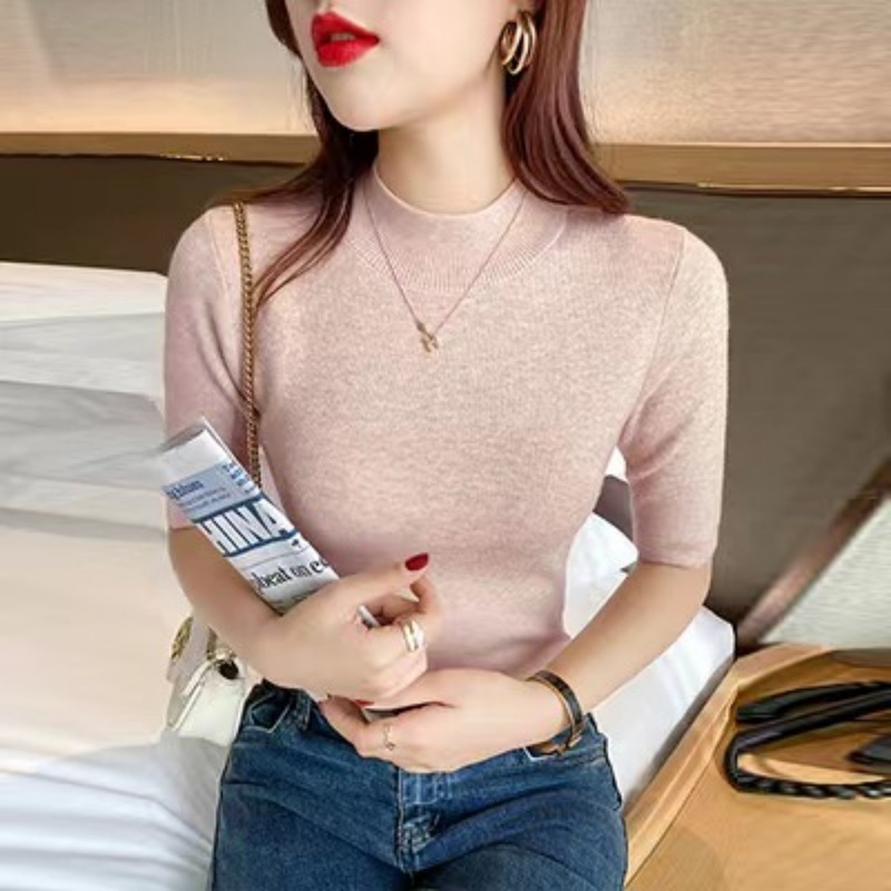 Stella Fashion Women’s Short Sleeve Knit Top 2025 Summer Mock Neck Slim Fit Base Layer