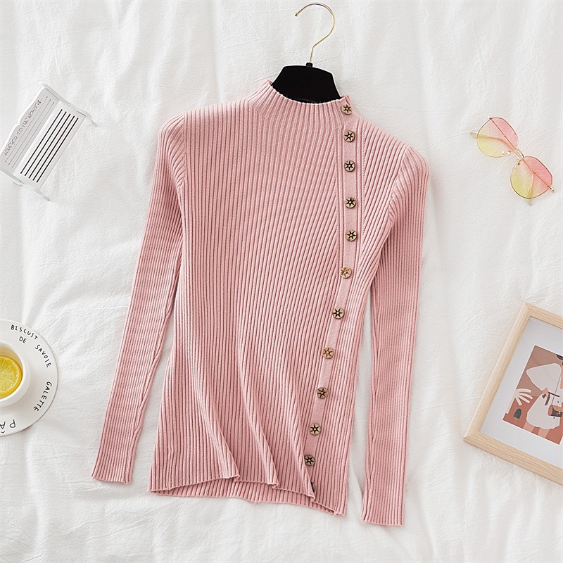 Stella Fashion New Style Half-Turtleneck Pullover Long-Sleeved Slim-Fit Sweater Women's Button-Down All-Match Sweater Bottoming Shirt Top