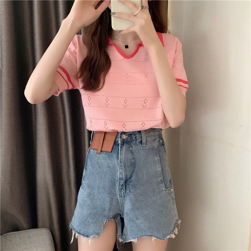 Stella Fashion Sweet Striped Polo Top | Ice Silk Fabric | Slim Fit Pullover | Girly Fashion Blouse