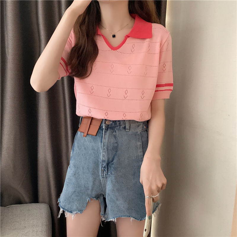 Stella Fashion Sweet Striped Polo Top | Ice Silk Fabric | Slim Fit Pullover | Girly Fashion Blouse