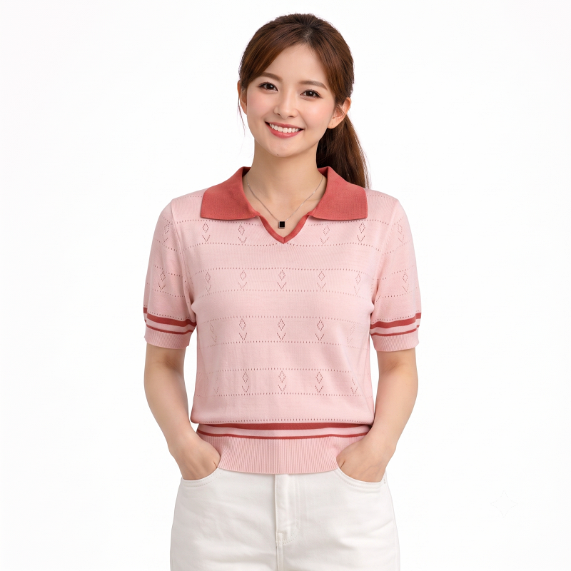 Stella Fashion Sweet Striped Polo Top | Ice Silk Fabric | Slim Fit Pullover | Girly Fashion Blouse