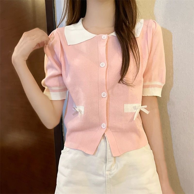 Stella Fashion Women Summer New Style Knit Cardigan Lapel Polo Collar Short Sleeve Sweater