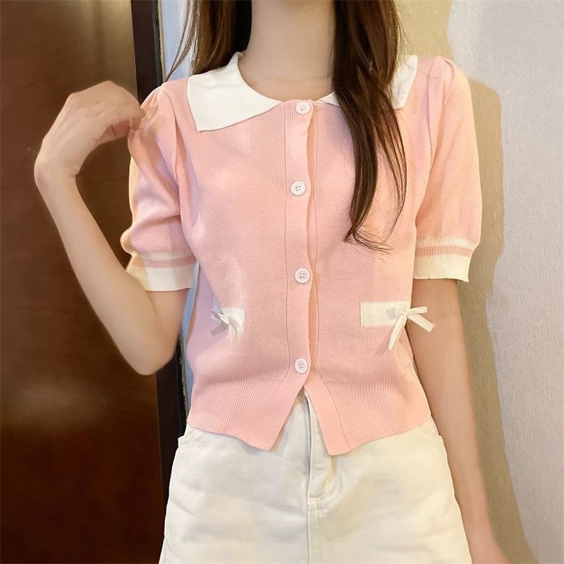 Stella Fashion Women Summer New Style Knit Cardigan Lapel Polo Collar Short Sleeve Sweater