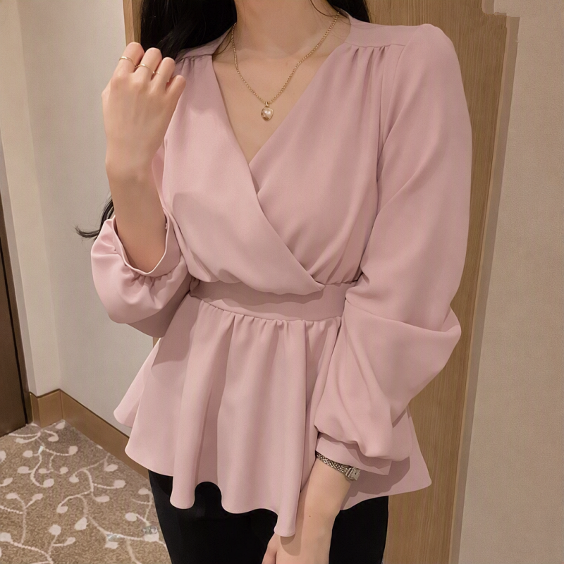 Stella Fashion Women Elegant V-Neck Peplum Blouse – Lantern Sleeve Wrap Top Tie Waist Flowy Shirt Office Casual Date Wear