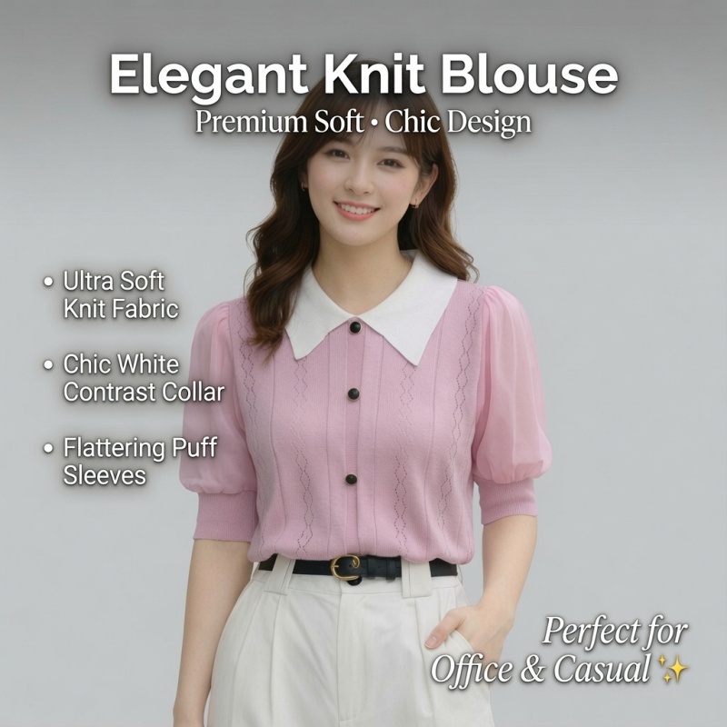 Stella Fashion Vintage Polo Collar Ice Silk Knit Top – Elegant Geometric Pattern, Half Sleeve Pullover