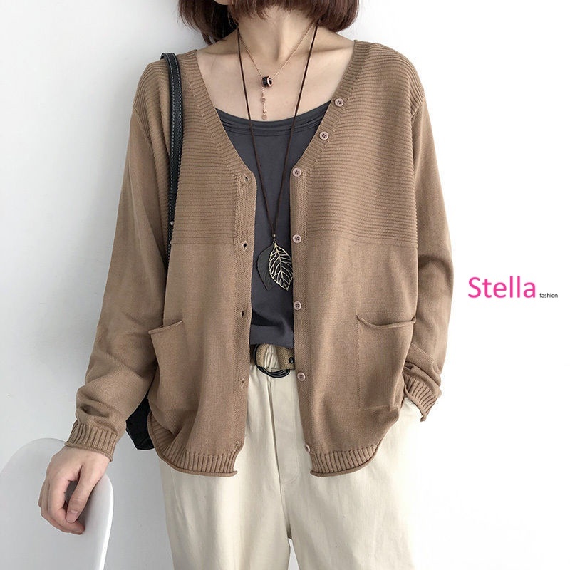 Women's Knitted Cardigan New loose Large Size Thin Jacket Casual Korean V-neck Outer Sweater Long-Sleeved Top-Stella's Fashion