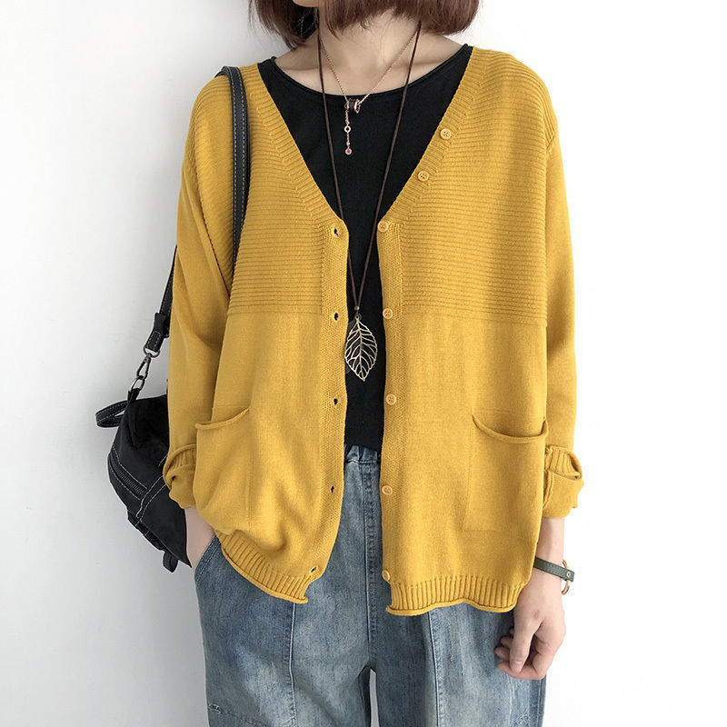 Women's Knitted Cardigan New loose Large Size Thin Jacket Casual Korean V-neck Outer Sweater Long-Sleeved Top-Stella's Fashion